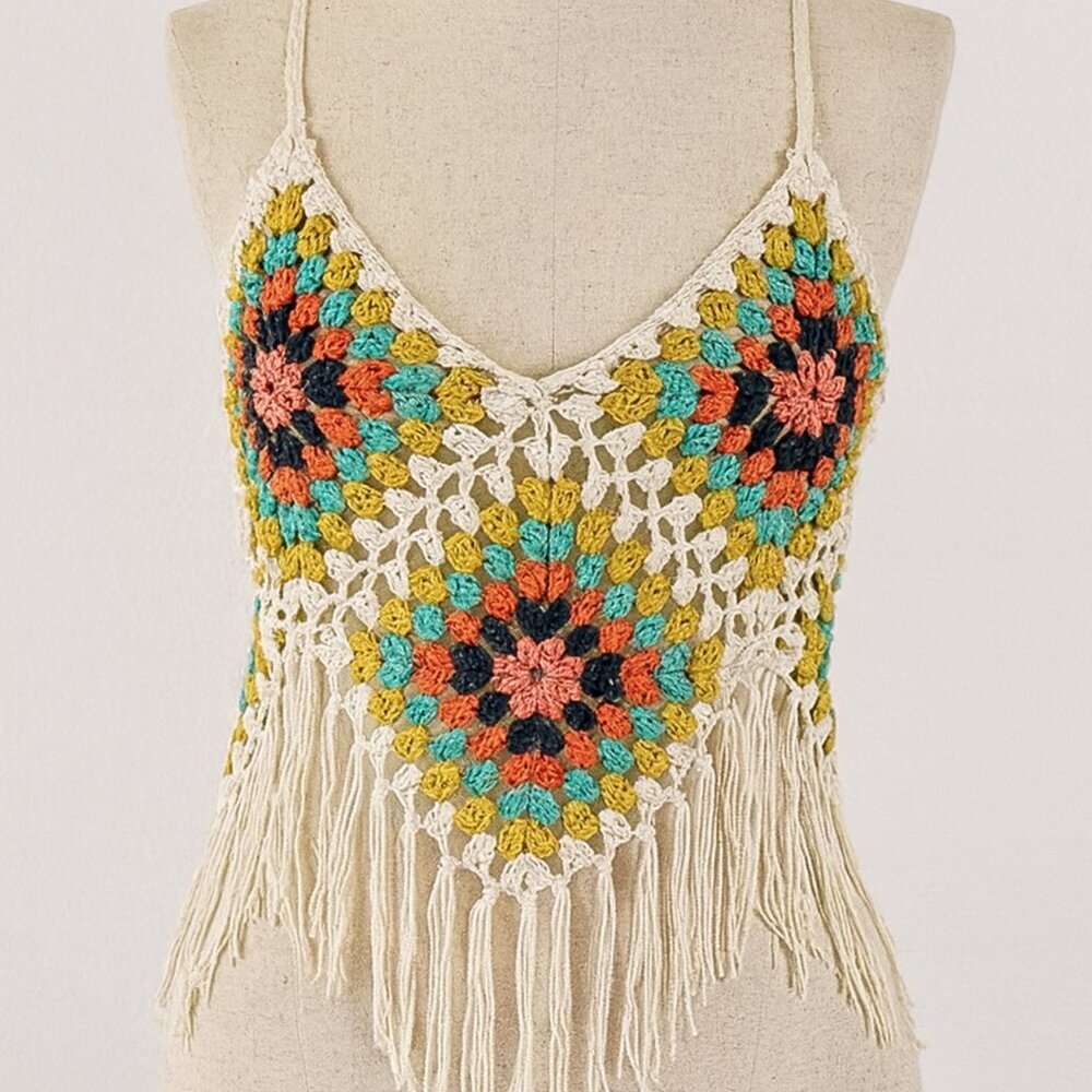 Vivid Crochet White Granny Square Crop Top w Fringe Size Small 90s Y2K Boho